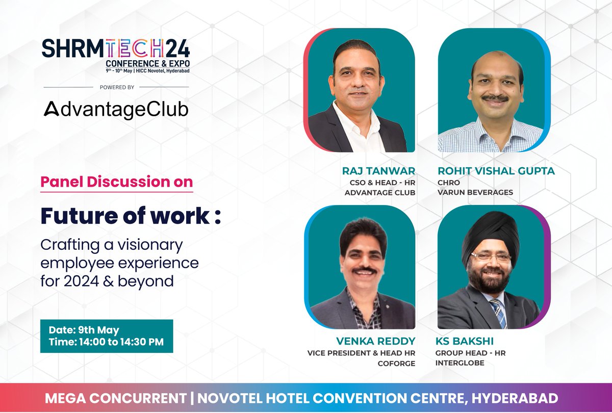 Get ready for an insightful panel discussion at @SHRMindia Tech'24 Conference & Expo powered by Advantage Club! Our CSO & Head HR, Raj Tanwar, will lead the discussion on 'Future of work: Crafting a visionary employee experience for 2024 and beyond' #SHRMIndiaTech