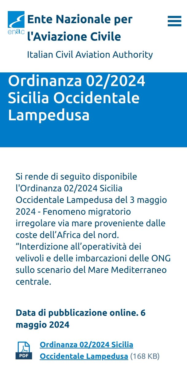 Tarparne le ali, tapparne gli occhi 🤦🏽‍♂️ ⛔ Ordinanza ENAC #migranti di “interdizione all’operatività dei 🛩️ velivoli e delle imbarcazioni delle #ONG sul Mediterraneo centrale'. Non solo 📍LICD #Lampedusa, anche: 📍LICG #Pantelleria 📍LICJ #Palermo. 📄 enac.gov.it/la-normativa/n…