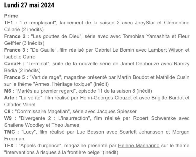 Les grilles des programmes TV pour la semaine du 25 au 31 mai 2024 ont été dévoilées.

On apprend notamment que le 27 Mai, #France2 diffusera l'adaptation Live Action du manga #LesGouttesDeDieu - en France chez @Glenat_Manga