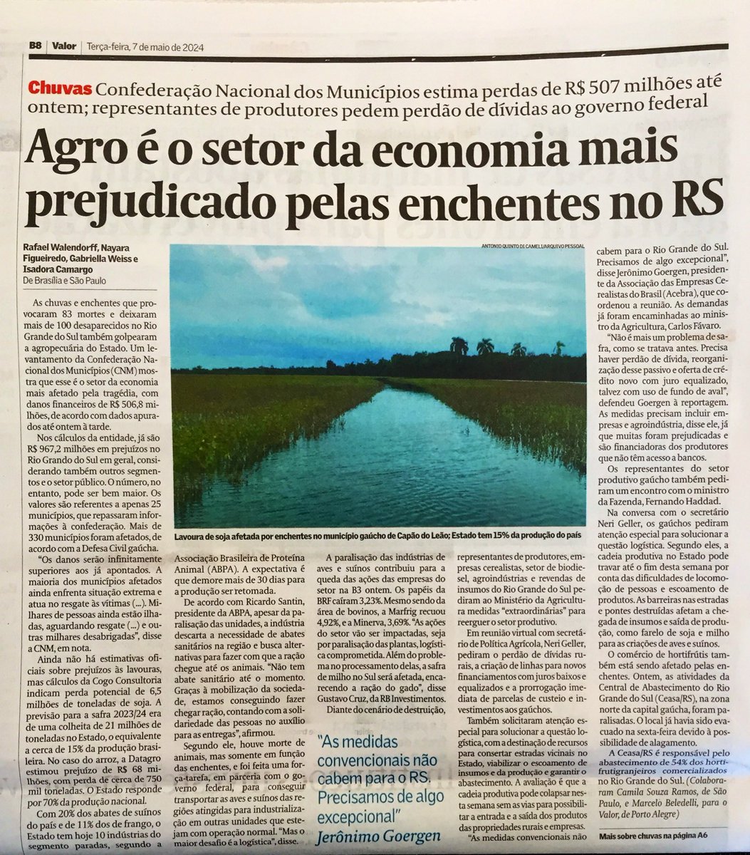 Valor: Agriculture worst hit by extreme floods in 🇧🇷 Rio Grande do Sul. Southern state accounts for staggering 70% of national rice production.Estimated 750k tons of rice lost, roughly 10% of state’s annual output. Some 6.5mn tons of soybeans thought lost out of 21mn tons harvest