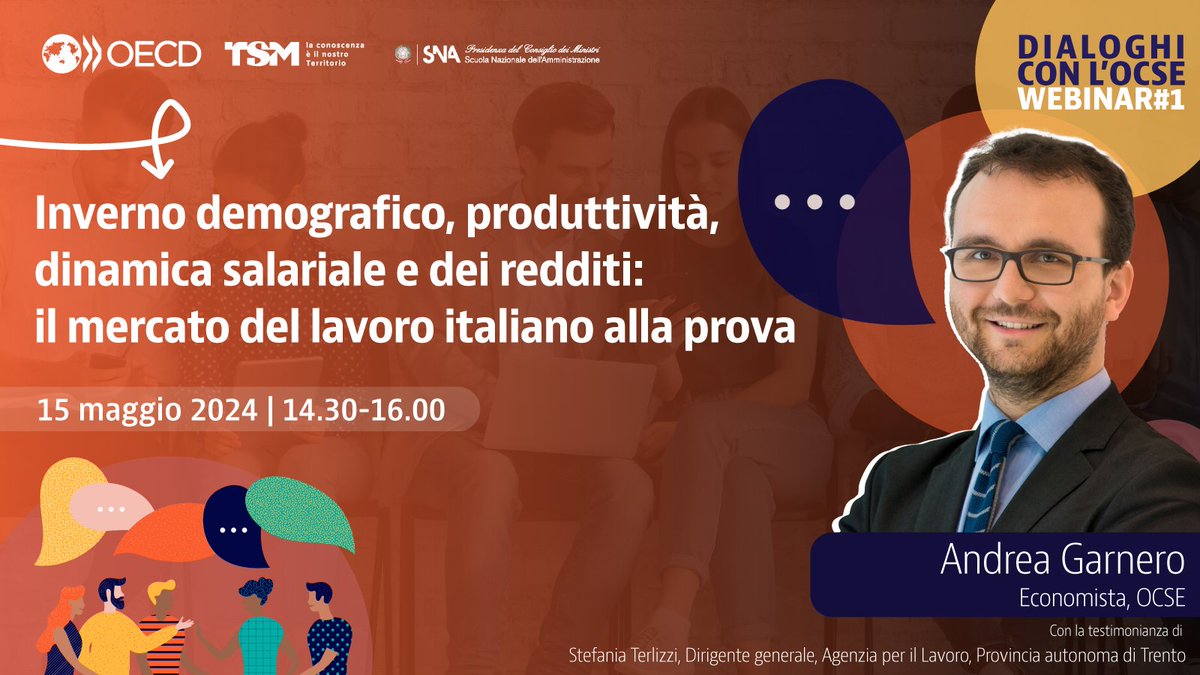 Ripartono i dialoghi con l’#OCSE! 6 incontri per scoprire strategie per un'#Italia che cambia: #demografia, #lavoro, #digitalizzazione e politiche pubbliche. 1° webinar con @AGarnero 🗓️15 maggio🕝14:30 🖊️Iscriviti bit.ly/4dvGRzR 📘Agenda oe.cd/5xn