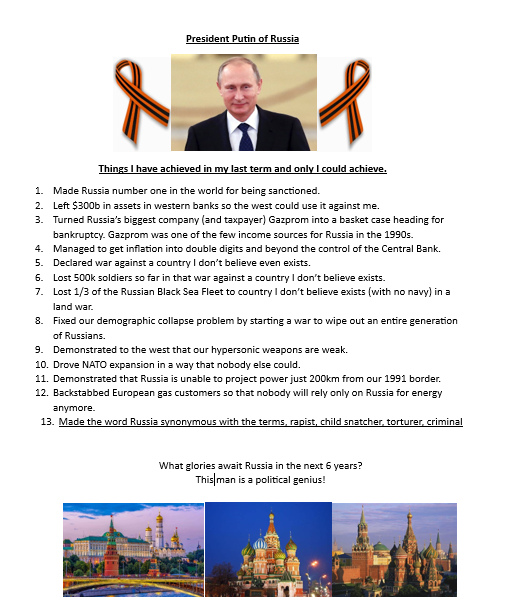 Fellas and Felerinas, I prepared this for Putin's inauguration. It looks like something that a Z patriot would be attracted to until they read about his 'achievements'. If anybody would like to translate this to Russian, please do let me know.
#NAFOarticle5 #NAFOfellas