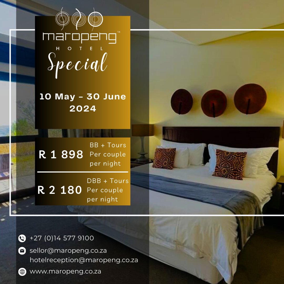 Escape the city buzz and immerse yourself in the tranquillity of #MaropengBoutiqueHotel.

Let our Hotel special be your passport to unforgettable experiences and blissful relaxation!

#TourismTuesday #CradleOfTheHumankind #WorldHeritageSite #HotelSpecial #VisitGauteng