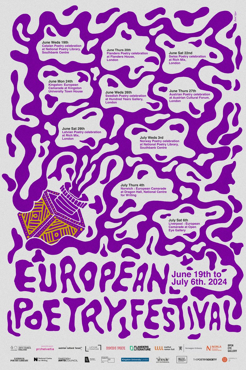 Grand to reveal our 2024 festival poster, designed by the brilliant @babaksafari777. @natpoetrylib @RichMixLondon @IRLlull_London @LV_Literature @ACF_London @Norwegianbooks @FlandersLit @WritersCentre @writerskingston @OpenEyeGallery europeanpoetryfestival.com/2024