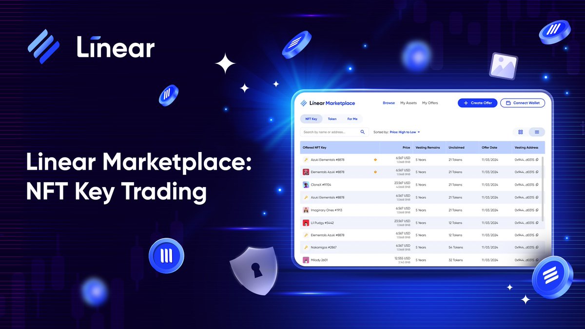 🔑 Following our first sneak peek, discover the second main feature of the upcoming #LinearMarketplace: Peer-to-Peer #NFT Key Trading! 🎨 Hold an NFT Key representing access to tokens locked in a vesting contract? Trade it on our platform to unlock and transfer ownership of