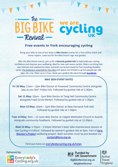 Free #BigBikeRevival events are back! Get your bike safety checked by our Bike Doctor &amp; join us for a leisurely ride everybodyscycling.org.uk/free-big-bike-…
<a href="/foxwoodra/">Foxwood Residents</a> @TangHBigLocal <a href="/FoodCircleYork/">Food Circle York CIC</a> <a href="/JRHT_FolkHall/">New Earswick Folk Hall</a> <a href="/YorkMethodists/">York Methodists</a> @KyraWomen <a href="/CyclingUK_Yorks/">Cycling UK Yorkshire and the Humber</a> <a href="/YorkCVS/">York CVS - VCSE Sector Support in York</a> <a href="/YorkCycle/">York Cycle Campaign</a> <a href="/YorkBikeBelles/">York Bike Belles</a>