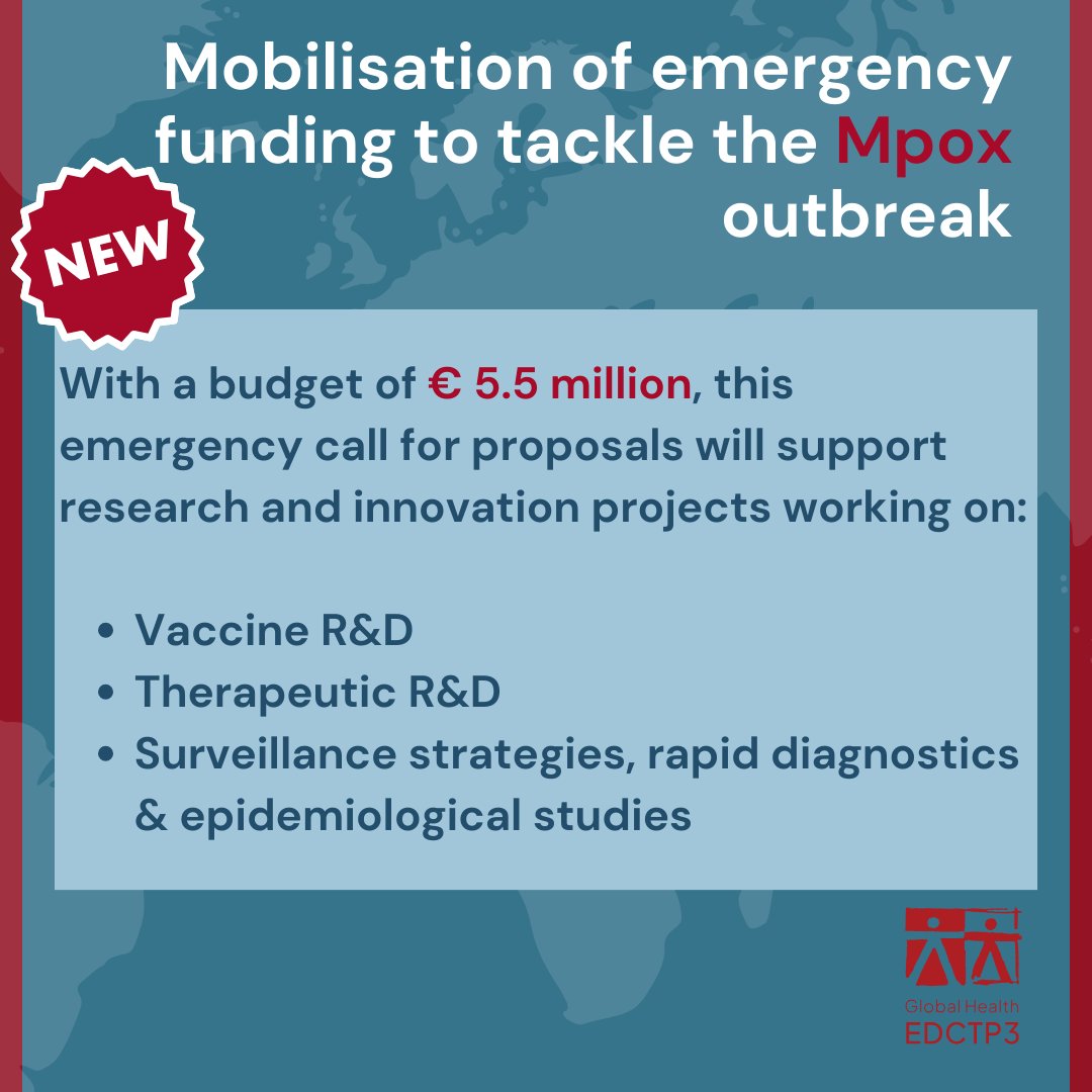 📣 Good news from 🇫🇷 @agenceANRS who will be co-funding our emergency call for proposals on #Mpox! The call for proposals opens on 14 May. Best of luck to all applicants preparing a project proposal🤞🏽 ! globalhealth-edctp3.eu/news/global-he…