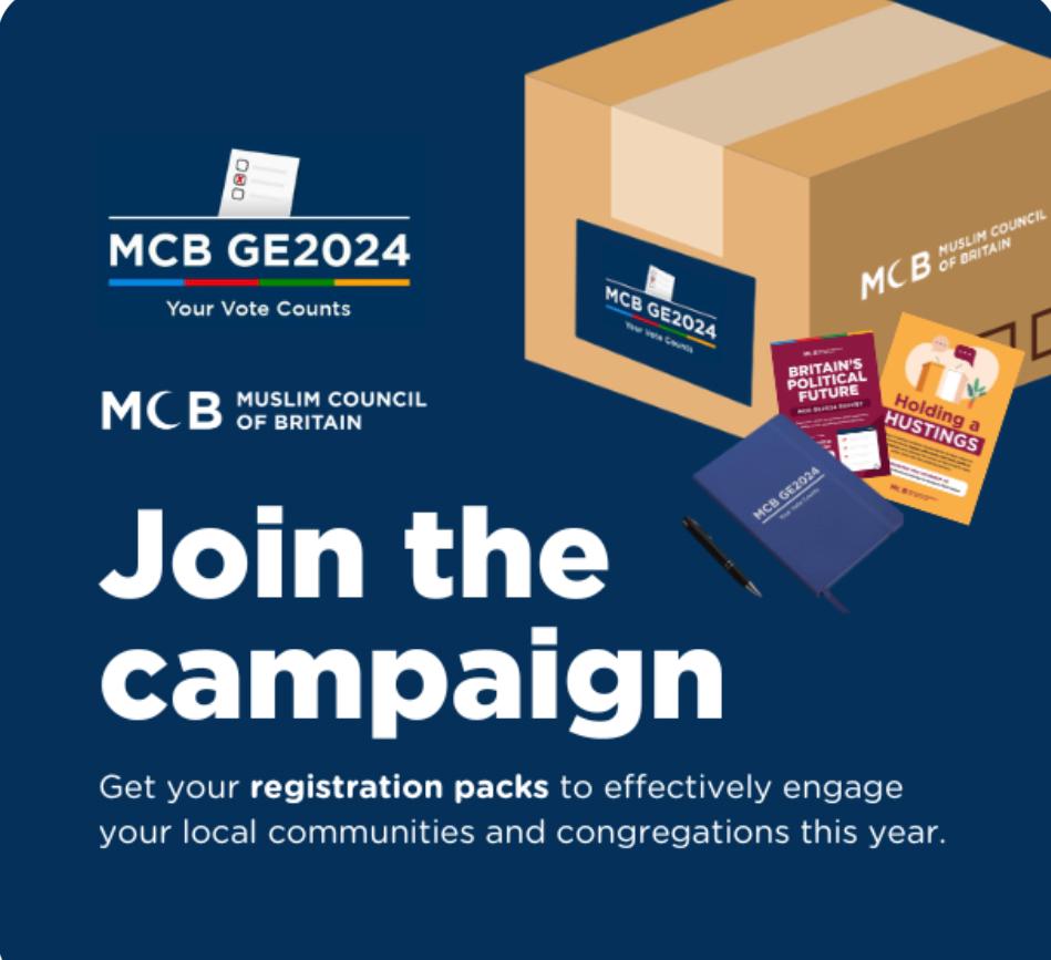 🗳️SIGN UP | FREE MCB GE2024 Mosque Pack 📮 We are excited to launch our GE2024 packs for our Big May Voter Registration Drive on the 24th May 2024 ✅Register your org: tinyurl.com/MCBGEPack 📦 Receive your FREE pack for your Voter Registration Drive: tinyurl.com/MCBGEinfo