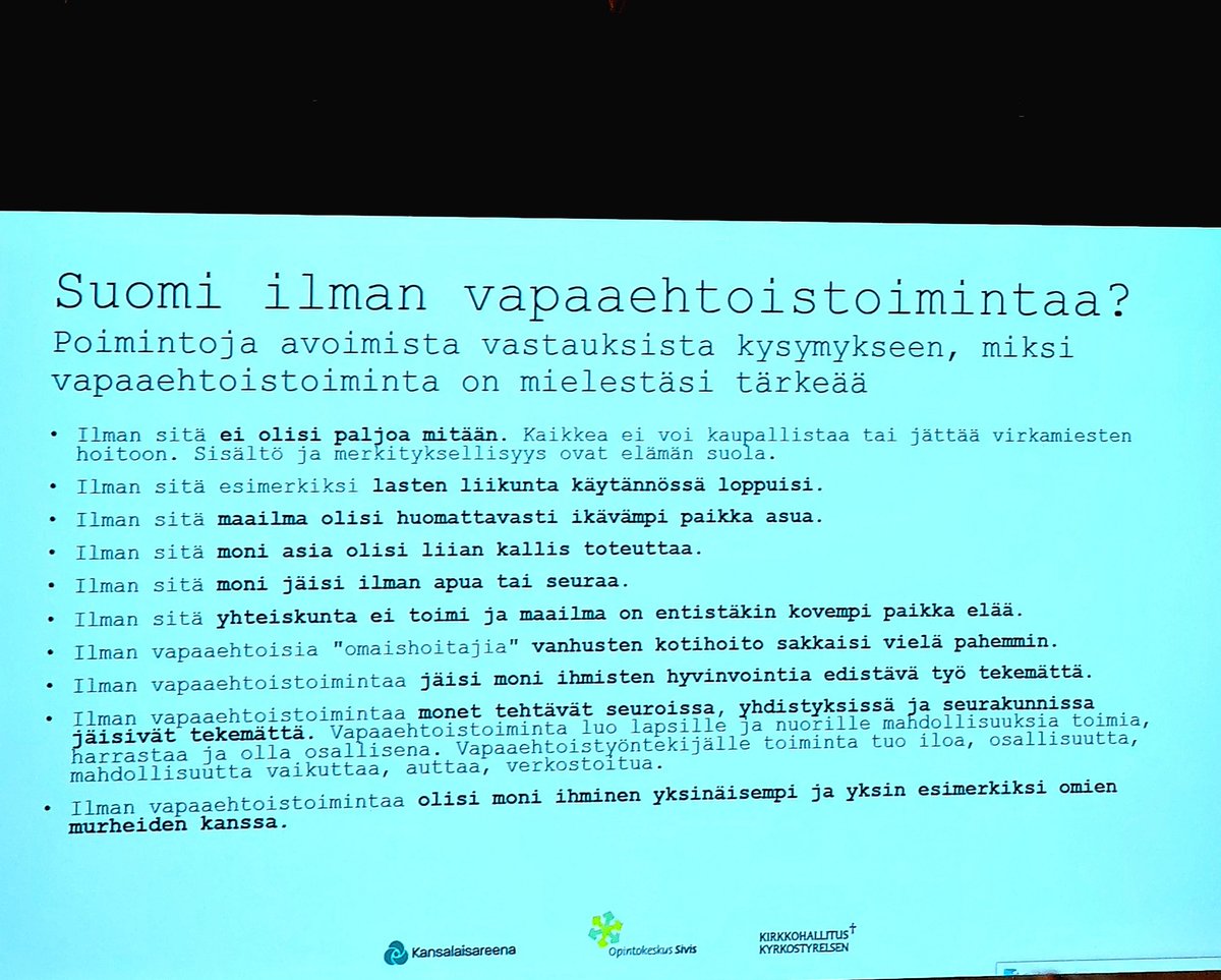 Millaista Suomessa olisi ilman vapaaehtoistoimintaa? Miksi vapaaehtoistoiminta on tärkeää? 
Tutustu <a href="/Kansalaisareena/">Kansalaisareena ry</a>
<a href="/SivisNYT/">Opintokeskus Sivis</a> ja #kirkkohallitus teettämään Vapaaehtoistoiminta Suomessa -tutkimukseen: kansalaisareena.fi/tuore-vapaaeht…
#vapaaehtoistoiminta #vapaaehtoistyö