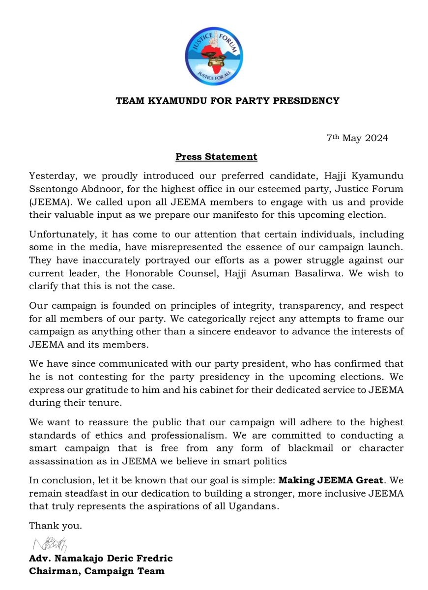 Our Campaign is founded on principles of integrity, transparency, & respect for all members of our party. We categorically reject any attempts to frame our campaign as anything other than a sincere endeavour to advance the interests of @jeema256. @nbstv @ntvuganda @bbstvug