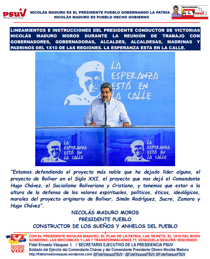 Lineamientos e instrucciones del presidente @NicolasMaduro durante reunión de trabajo con gobernadores, gobernadoras, alcaldes, alcaldesas, madrinas y padrinos del 1×10 de las regiones goo.su/ZGhm @dcabellor @FidelVasquzPSUV #MovilizadosPorVenezuela