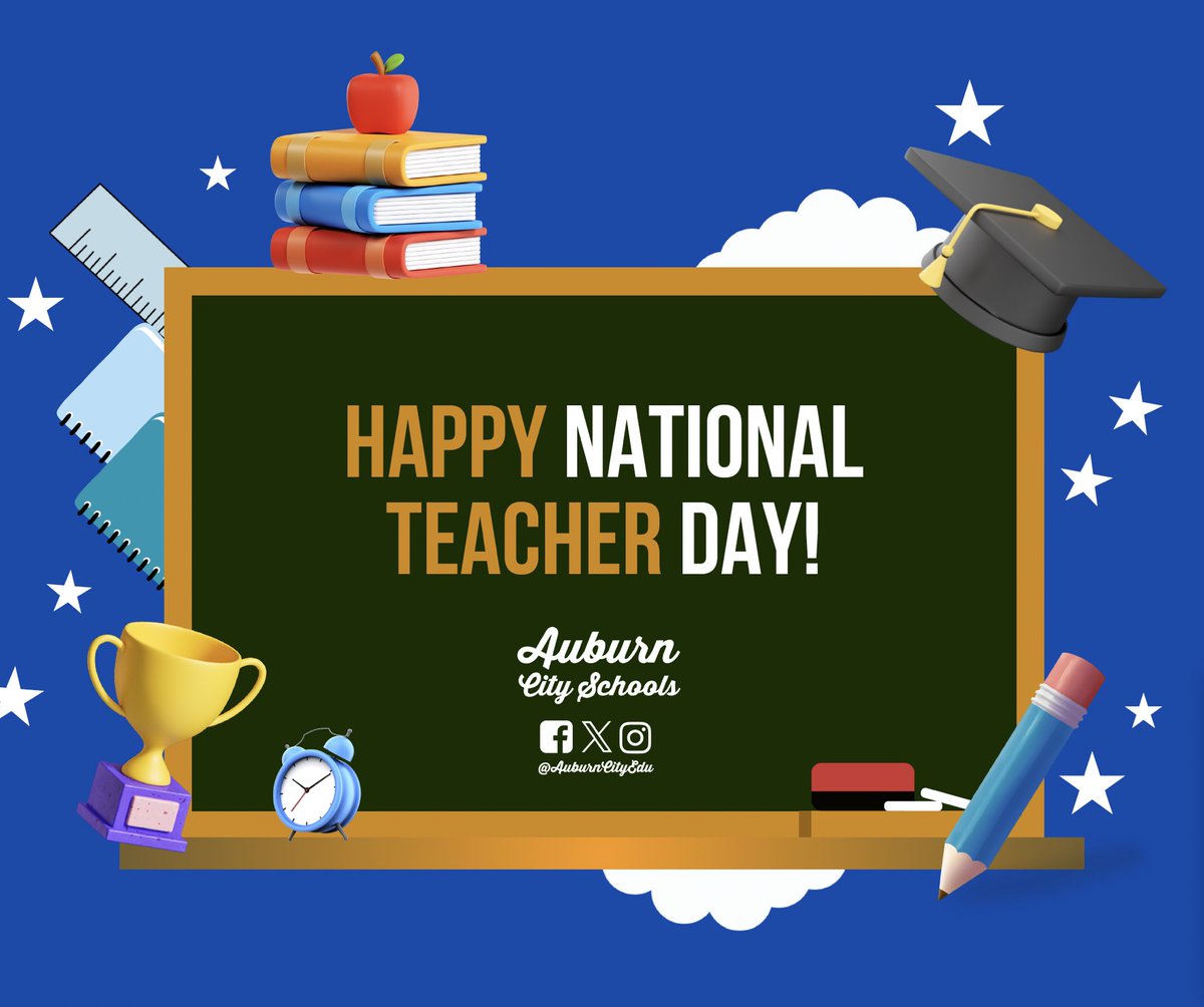 THANK YOU 💙📚🍎: Today is National Teacher Day, and Auburn City Schools would like to express gratitude to our incredible educators for their dedication to student success! Click the Link Tree in our bio to leave a comment for a teacher on the #AuburnCitySchools Facebook!