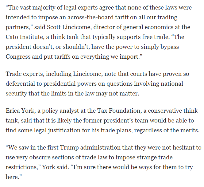 Good @JStein_WaPo look at how Trump might legally justify his (destructive, crazy) universal tariff plans (Spoiler: yes, he could get away with it, & yes, you should be concerned) washingtonpost.com/business/2024/… A few additional details re my (and @ericadyork's) quote at the end: /1