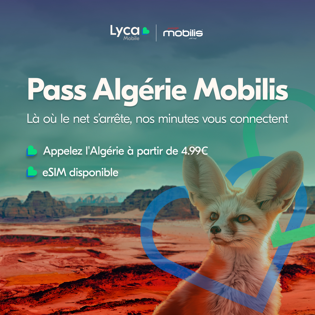 🌍 Restez connecté avec vos proches en Algérie, où que vous soyez ! Avec le Pass Algérie Mobilis de Lycamobile, profitez d'appels à partir de 4.99€ seulement. 📞utm.io/ugUvq
#LycamobileFrance #PassAlgerieMobilis #Restezconnecté