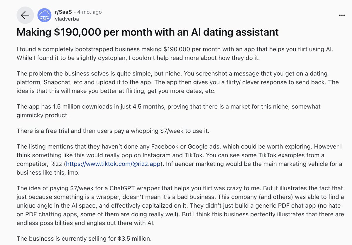 AI Dating coach built on-top of ChatGPT making $190,000/month. 333,000 download per month. No new tech, just a wrapper on top of ChatGPT. Founder got the idea from the Tinder Subreddit. 2024 is wild.