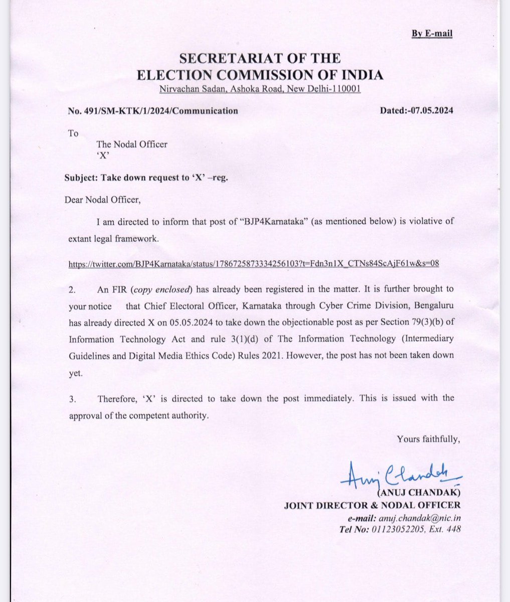 देश के चुनाव आयोग ने सोशल मीडिया प्लेटफ़ॉर्म X को आदेश दिया है कि वह @BJPKarnataka की नफरती और घटिया पोस्ट को अपने प्लेटफ़ॉर्म से डिलीट करे।

BJP कर्नाटक की तरफ़ से डाले गए इस आपत्तिजनक पोस्ट को लेकर विपक्षी पार्टियों ने शिकायत की थी।

साथ ही सोशल मीडिया पर लोगों ने इसका भारी