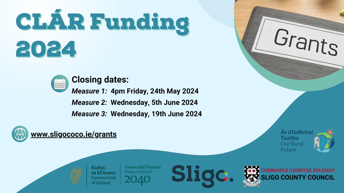 CLÁR is a targeted investment programme for rural areas that aims to provide funding for small infrastructural projects. 📅Closing date for Measure 1 Clár 2024 applications: 4pm Friday 24th May 2024 🌐Full details & application forms available at sligococo.ie/Grants/