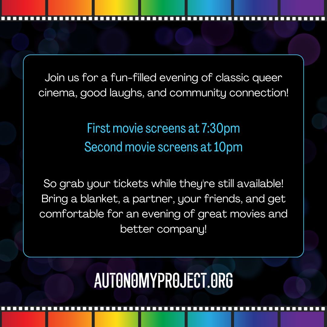 AutonomyProjct's tweet image. Join us for an intimate LGBTQ+ movie night! 🎥❤️ Immerse yourself in timeless queer cinema alongside a warm and accepting community. Let's relax and enjoy together! Get your tickets at autonomyproject.org 
#QueerFilmNight #InclusiveVibes 🏳️‍🌈 #AutonomyProject