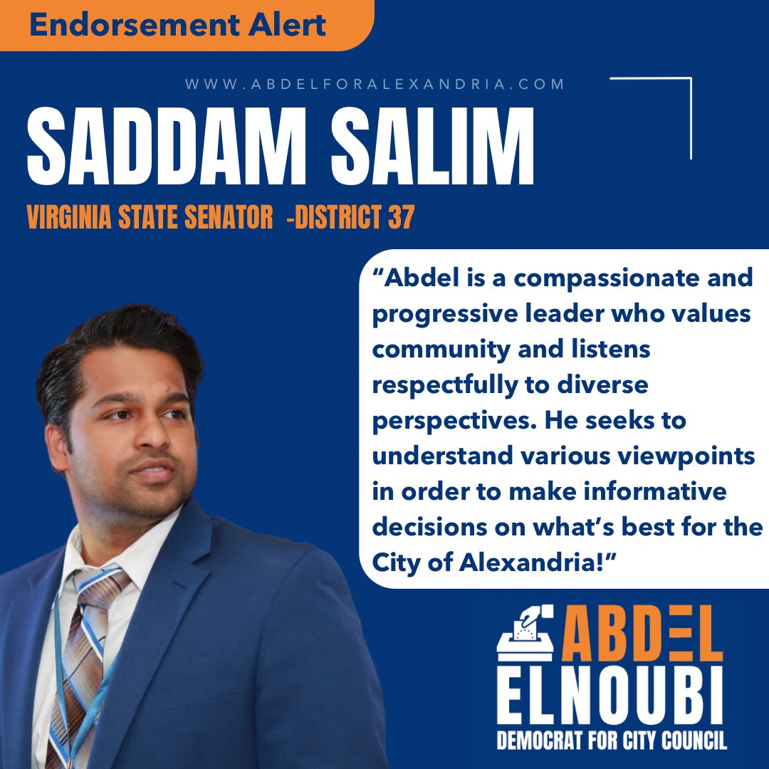 Honored to receive the endorsement of Senator Saddam Salim! @SalimVASenate