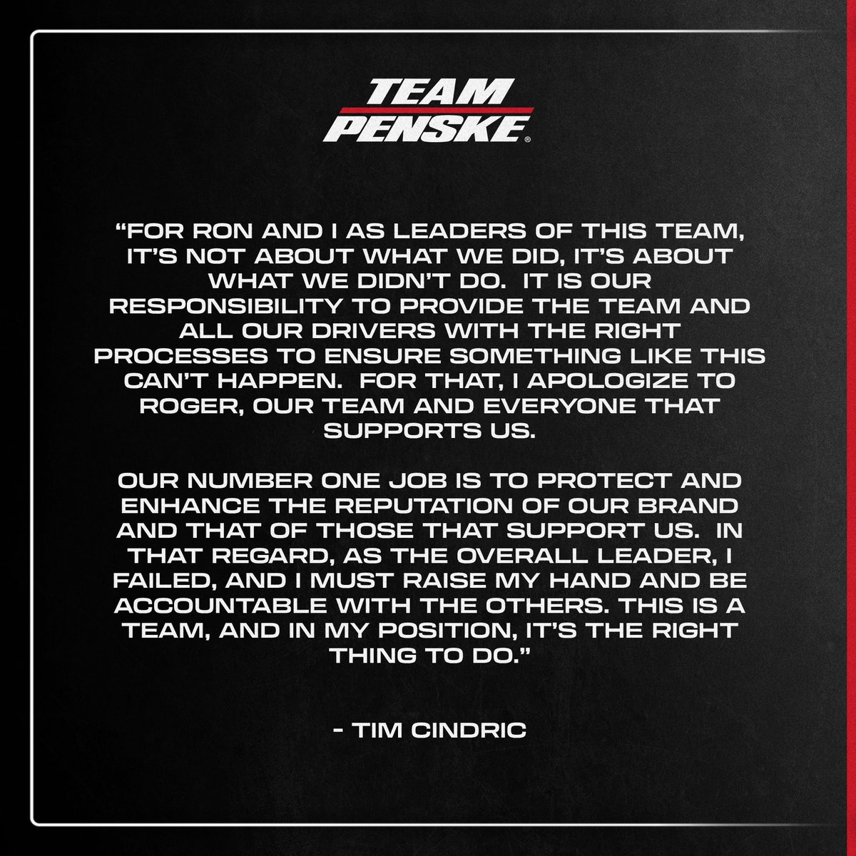 Statement from Tim Cindric, Team Penske President: