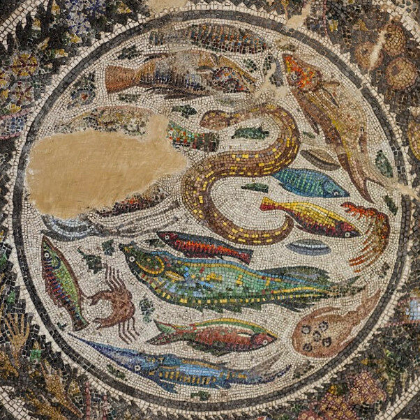 'Marine Life' mosaic. Date: 1st-2nd centuries AD. Collection: Santa Cruz Museum, Toledo, Spain. Photo: Stock Image.