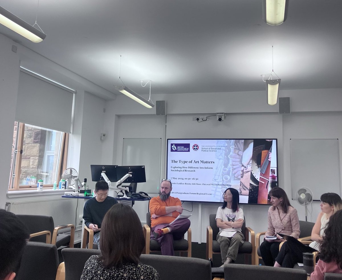 So happy to be in Edinburgh for the ⁦<a href="/britsoci/">The BSA</a>⁩ workshop ‘The type of art matters’. Thank you, ⁦<a href="/tian_jiayi_soc/">Jiayi Tian</a>⁩, ⁦⁦<a href="/llhmc/">Dr Lisa McCormick</a> and everybody else involved⁩!