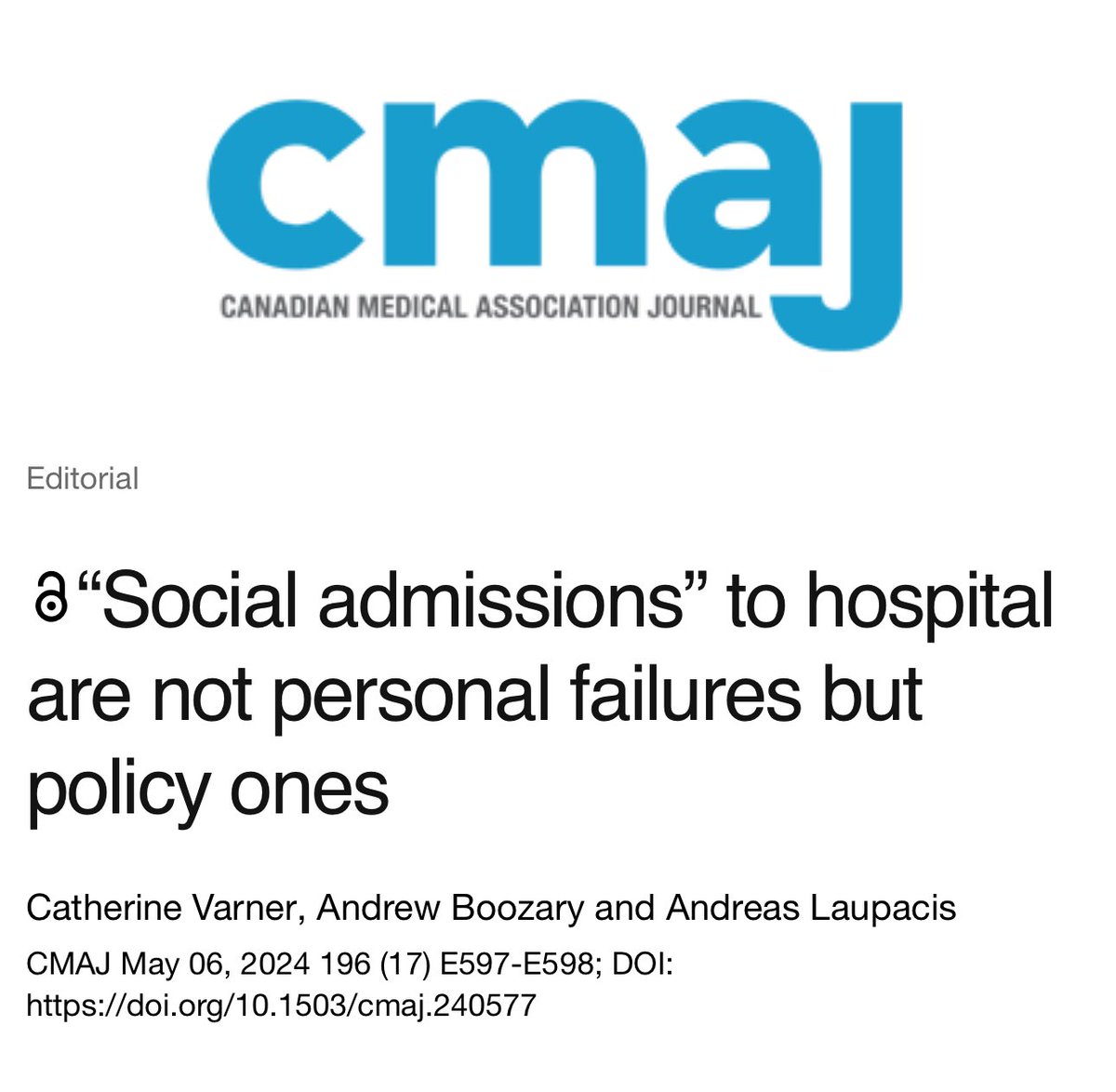 In medicine, we use the term “failure to cope.” But really it is our policies that fail patients. Social factors driving health disparities must be confronted to restore human dignity in health care. Honoured to write with two people I deeply respect cmaj.ca/content/196/17…