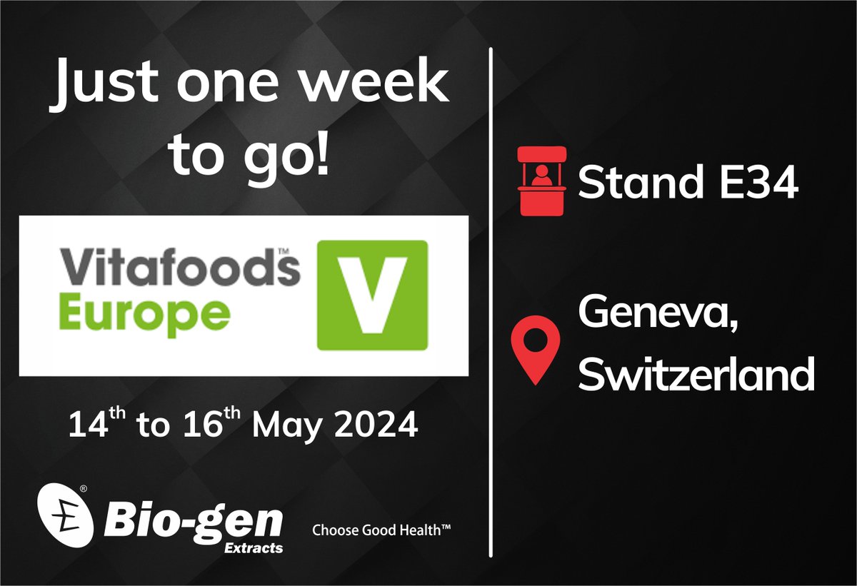 Vitafoods Europe 2024, is here!

Visit us at Stand E34 from 14 to 16 May 2024 at Vitafoods Europe to help your consumers Choose Good Health™.

Write to sales@bio-gen.in for an appointment to shape the future of nutraceuticals together!

#BioGenExtracts  #VitafoodsEurope