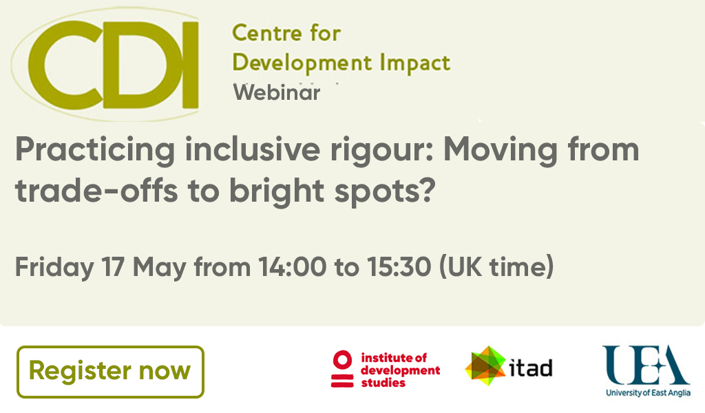 📣Webinar Practicing inclusive rigour: Moving from trade-offs to bright spots? 17 May at 14:00 (UK time). This webinar will discuss making space for stakeholders experiences while practicing methodological fidelity. Register:ac.pulse.ly/9nzjh1rmrn @ItadLtd @uniofeastanglia