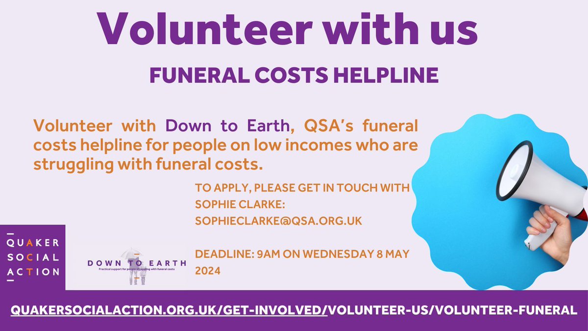 Down to Earth' is looking for volunteers for its funeral costs helpline. Volunteers play an integral part in supporting people who may be recently bereaved and struggling with funeral costs. Please read further about the role here. #dyingmattersweek buff.ly/3vXf9LH