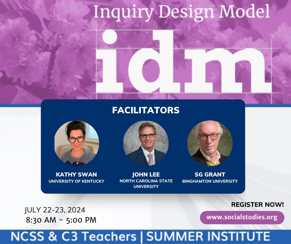 💡Meet the IDM institute facilitation team! <a href="/C3Teachers/">C3 Teachers</a> SG, John, &amp; Kathy can't wait to see you this summer &amp; work collaboratively towards our common goal: Making inquiry possible in K-12 education!
➡️ Register now: hubs.li/Q02r-lp70 #inquirybasedlearning #edutwitter #k12