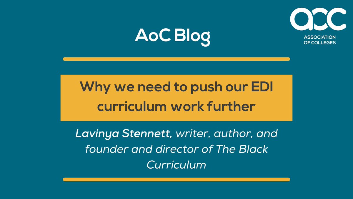 Lavinya Stennett, Founder and Director of @CurriculumBlack, says we need to push our EDI curriculum work further, and highlights the importance of embedding Black British history in the curriculum. Find out more in our recent blog: aoc.co.uk/news-campaigns…