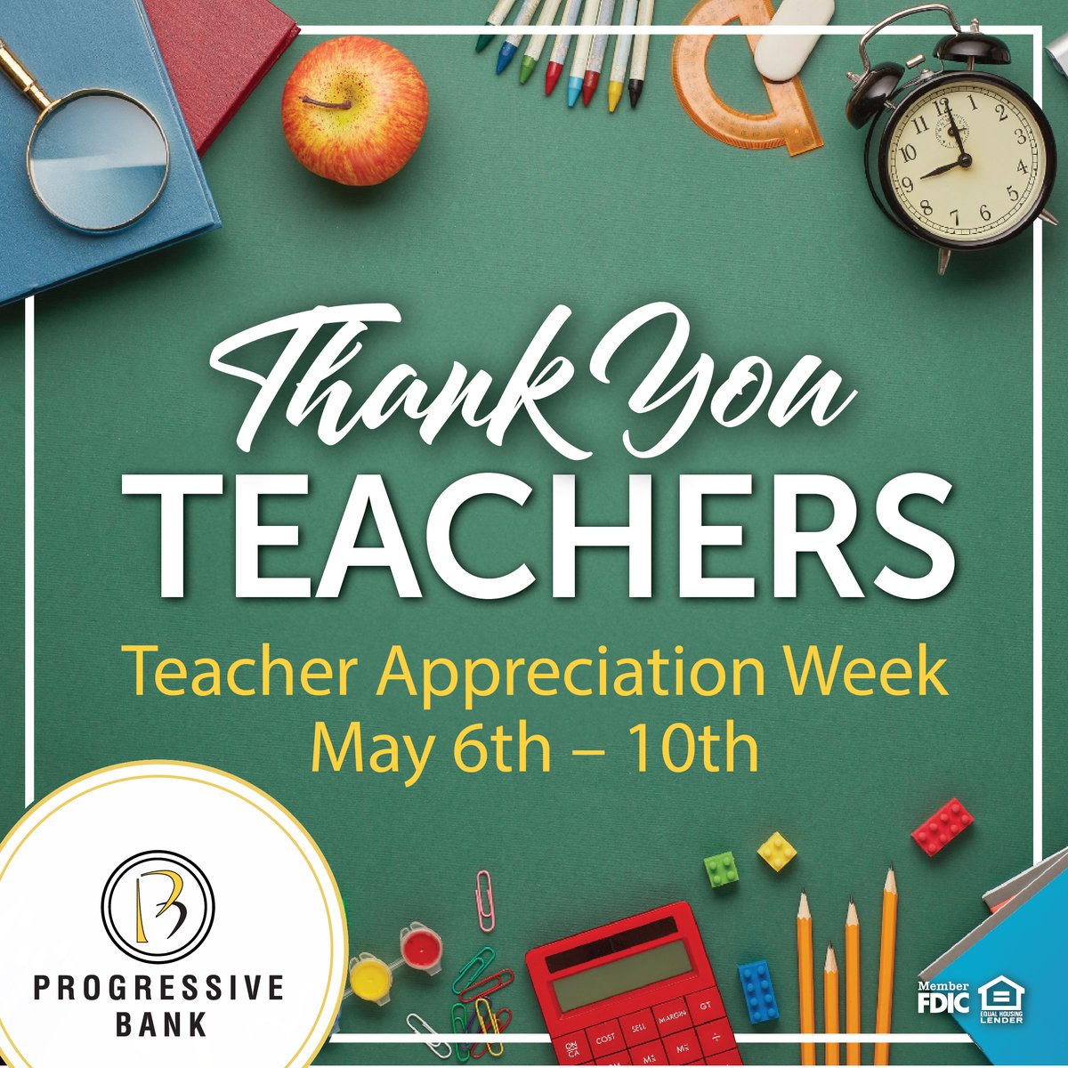 We 💗 Teachers! 

Today and every day we celebrate our teachers! This week lets show them some extra love, support, and recognition for all of their hard work! 

#ProgressiveBank #LocalBank