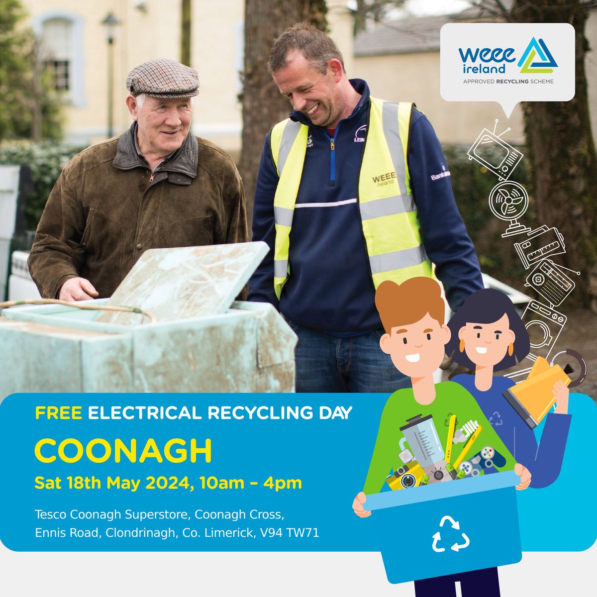 Your next FREE collection for all WEEE items is in Coonagh, County Limerick at the Tesco Coonagh Superstore on Sat, May 18, 2024 from 10am-4pm!♻️ WEEE recycle anything from your household with a plug or battery! 😃 weeeireland.ie/household-recy… @limerickcouncil @limerickenviron