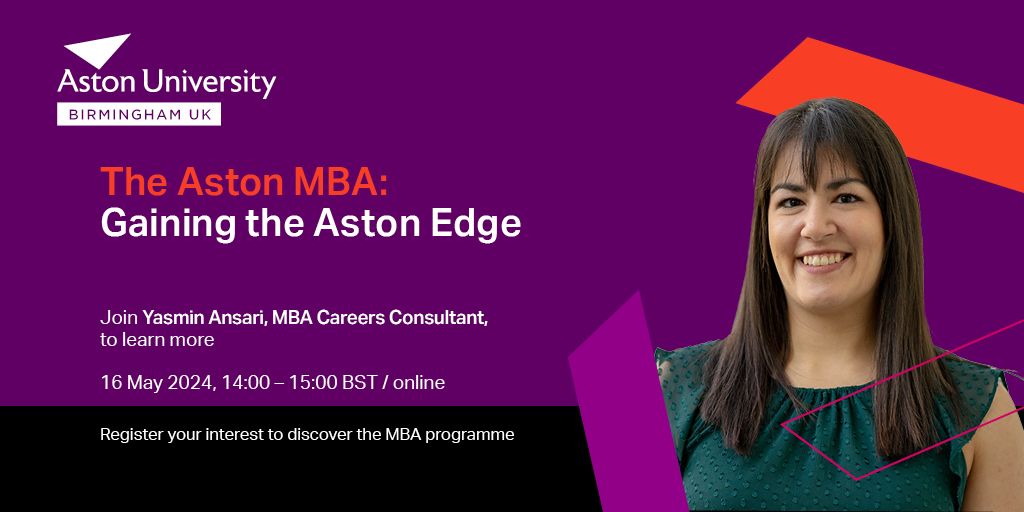 Join Yasmin Ansari, MBA Careers Consultant, as she explores the Aston Edge, an integral module which runs throughout the MBA programme. The module focuses on the development of key leadership and personal skills highly sought after by employers. Register: tinyurl.com/3rnbhuwp