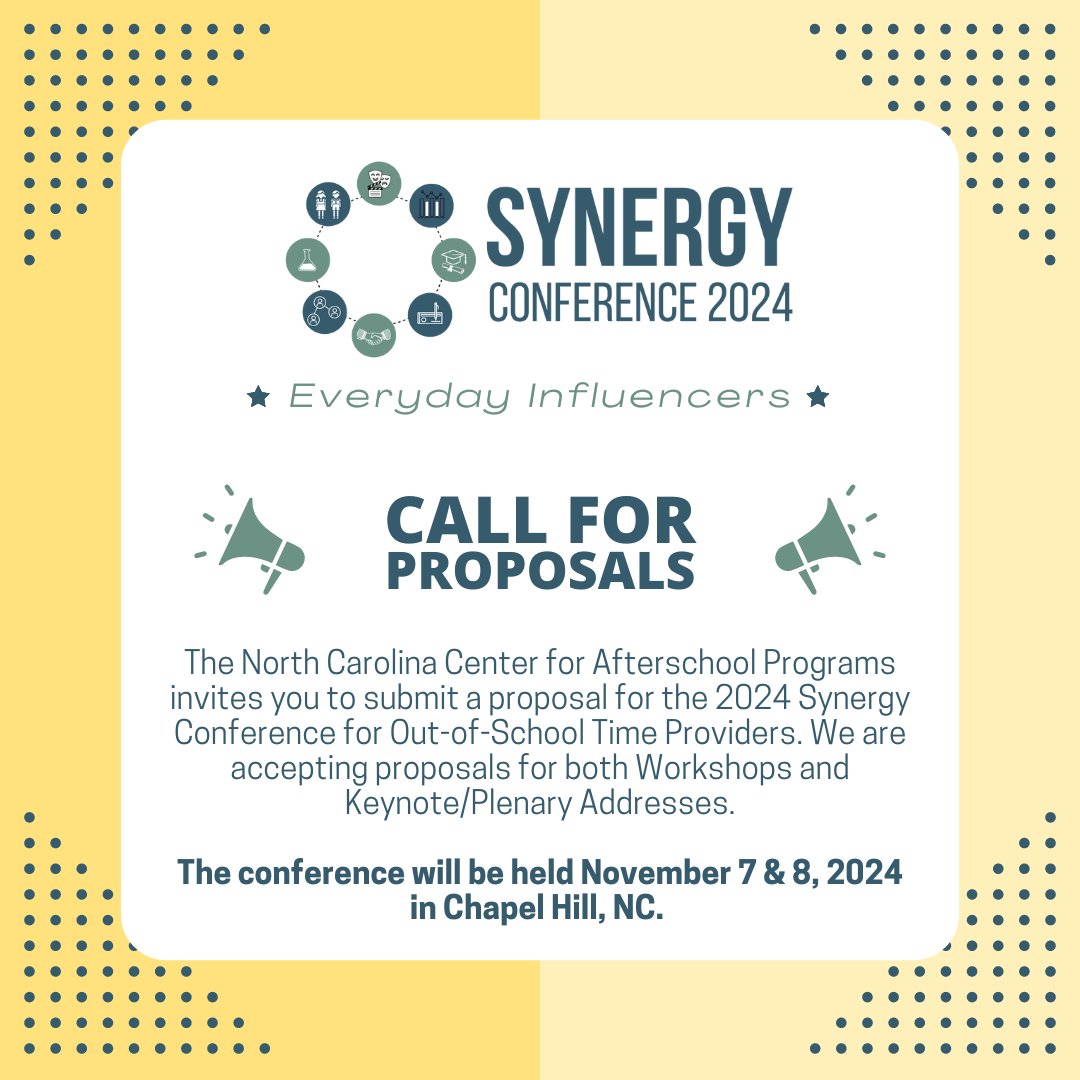 📢 Call for Proposals! NC CAP is accepting workshop & plenary proposal submissions for #SynergyCon24. If you are interested in hosting a session, check out our conference page: bit.ly/3WpeeON 📢 Submission deadline - 5pm EST 6/30 #SynergyCon #OST #Afterschool