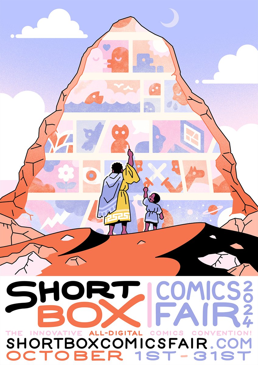 It's here! Thrilled to share our 2024 poster by the brilliant @torpordust! A refresher: ⬩ShortBox Comics Fair is an online-only fair that takes place every October ⬩Over 100+ artists participating from around the world! ⬩Each exhibiting artist makes a brand-new comic! ⬩All