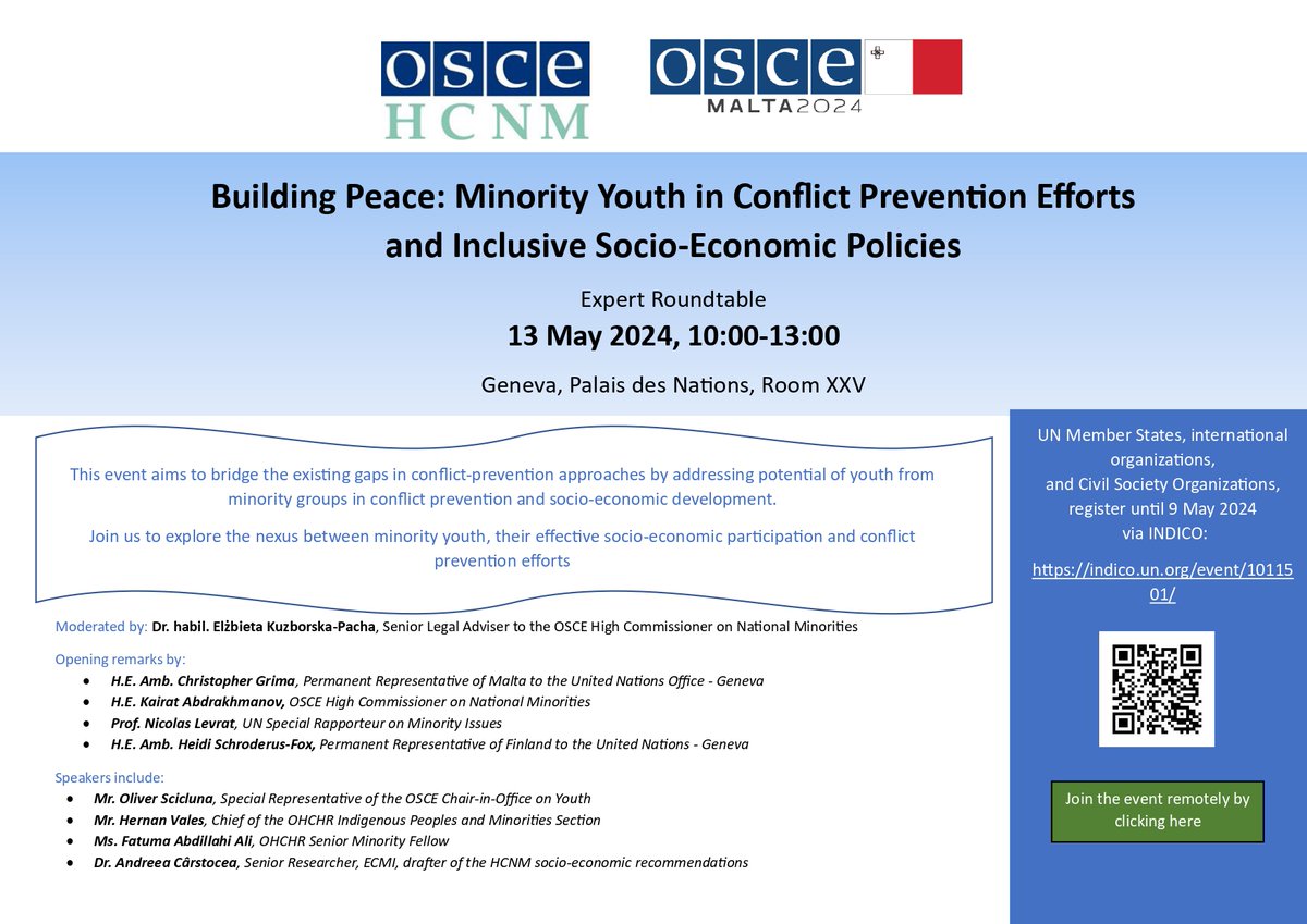 Join us online on 13 May to explore the nexus between #minorityyouth, their participation in socio-economic affairs, & #conflictprevention efforts. Register (until 9 May) for this joint Expert RT, co-organized with @OSCE24MT and @UNGeneva, via indico.un.org/event/1011501