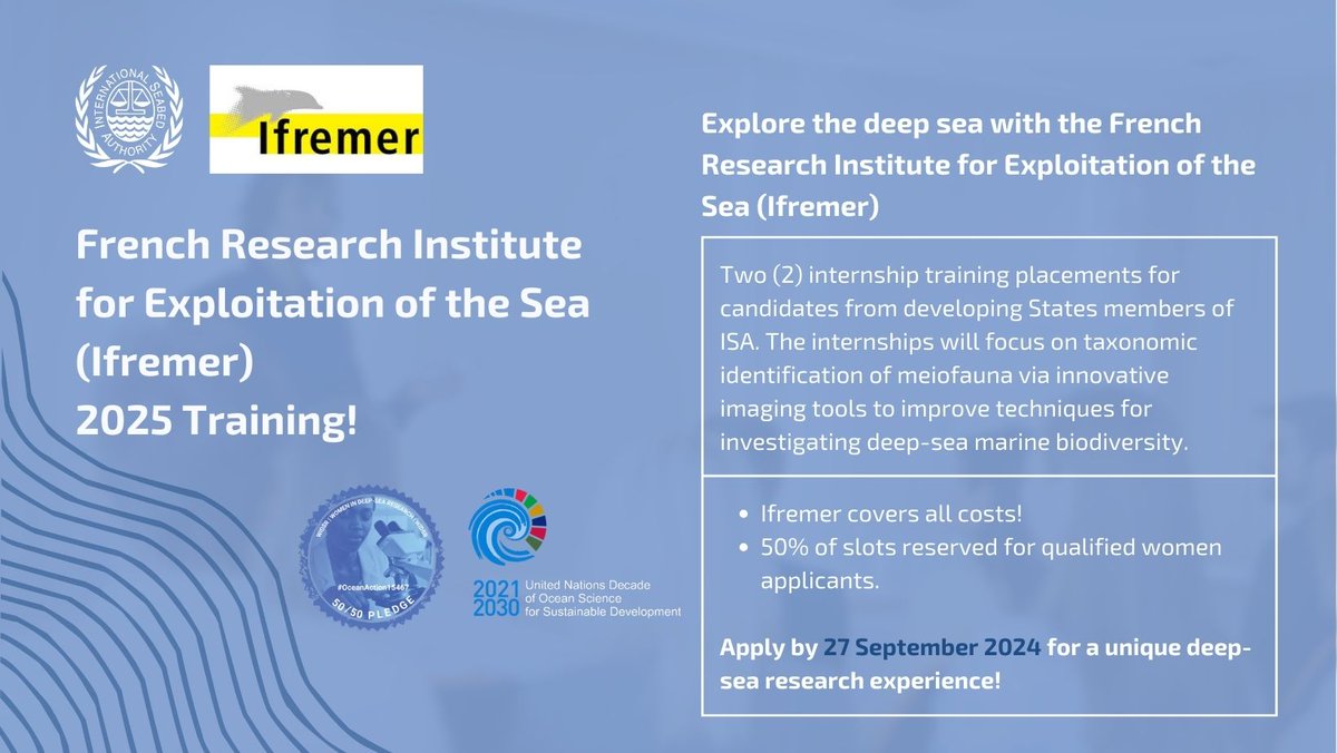 IFREMER is offering two internship opportunities on environmental studies related to deep-sea marine biodiversity. 📅 When: 2025, in France Apply now: isa.org.jm/ifremer-pmn/ #ISBA29 #IFREMER #InternshipOpportunity #MarineBiodiversity #DeepSeaExploration #ApplyNow