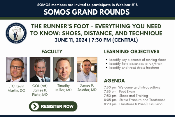 Register today for the next SOMOS Grand Rounds: The Runner’s Foot – Everything You Need to Know, Shoes, Distance, and Techniques with expert faculty @KevinMa67027102 @Str8bonesJim Timothy Miller, MD and James Jastifer, MD. somos.memberclicks.net/gr18