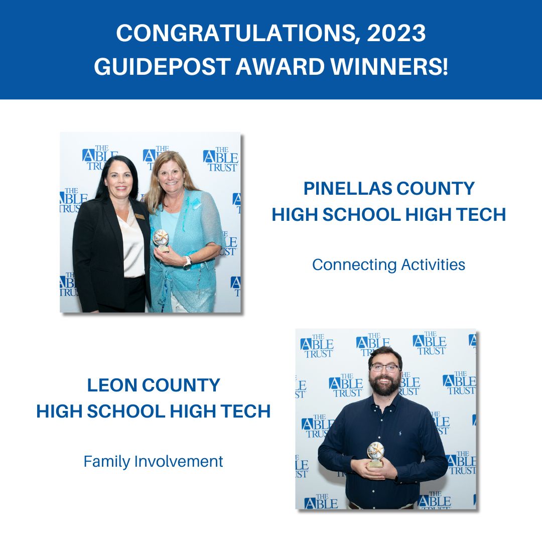 #FloridaHSHT Guidepost Awards Week continues! Congratulations to 2023 winners Pinellas County (Connecting Activities) and Leon County (Family Involvement) on your well-deserved recognition! Learn more at abletrust.org/2024-high-scho…! @ServiceSource1 #Ability1st #inclusiveflorida