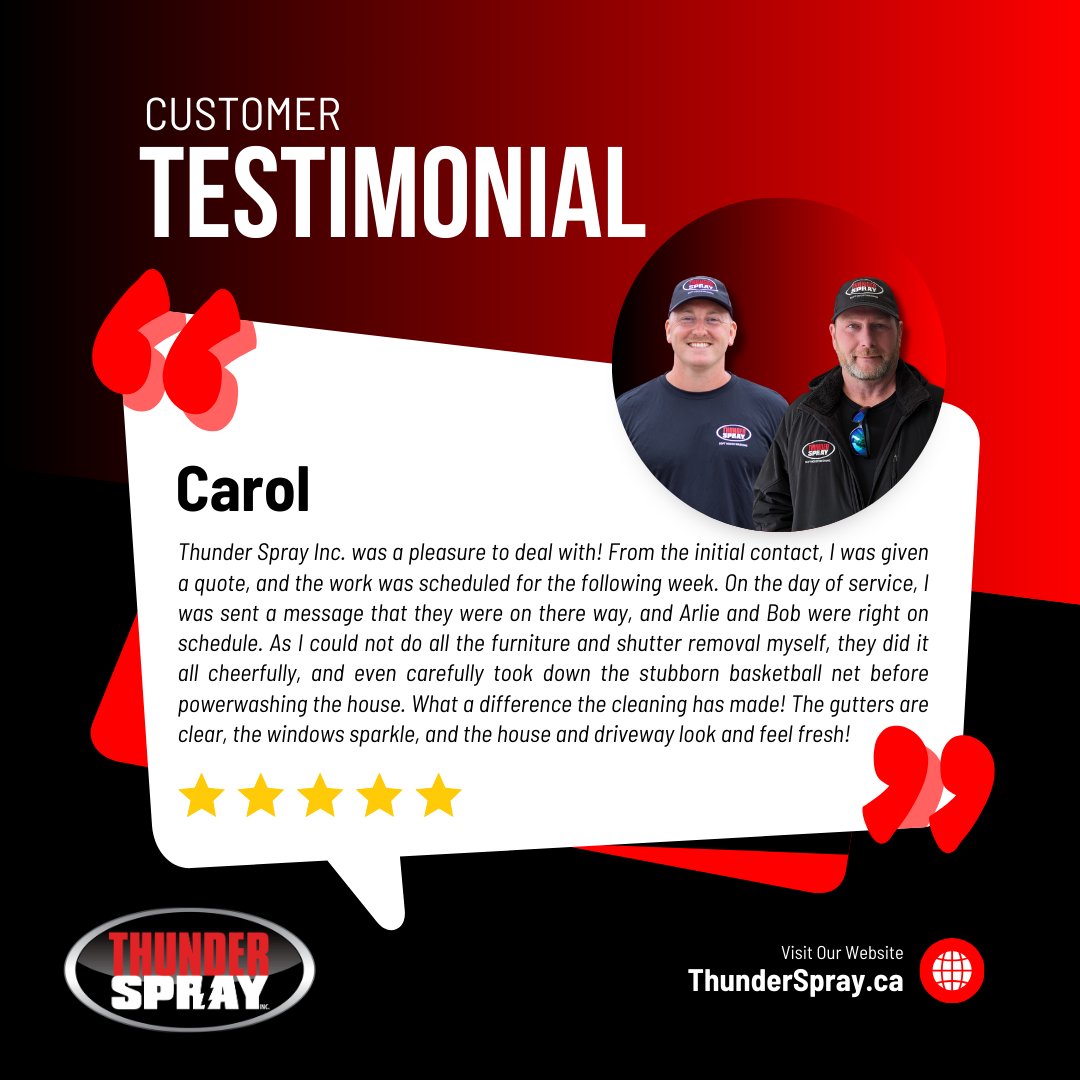 Nothing beats hearing from our satisfied customers! Check out this glowing testimonial from one of our valued clients. Thank you for your kind words and continued support! 💙 #ThunderSpray #HappyCustomers #Testimonial