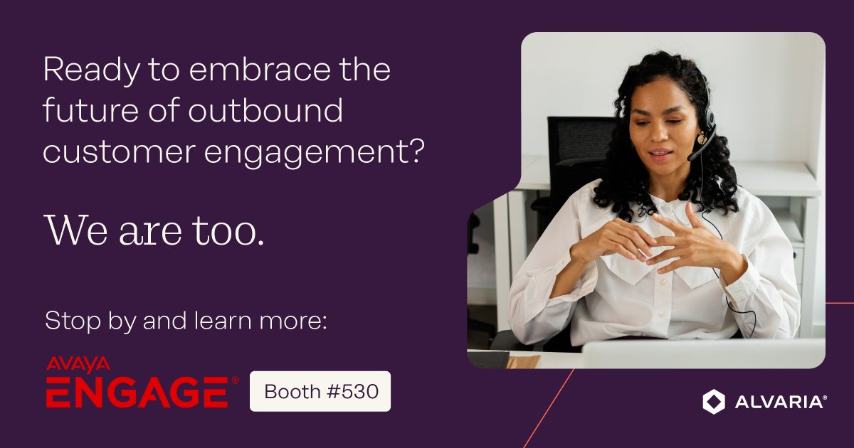 Attention Avaya Engage attendees: Swing by Booth #530 in the Developer Marketplace &amp; say hello to the Alvaria team! We're pumped to be here as an Avaya partner, ready to showcase how our joint efforts are shaping the future of outbound customer engagement.

#Alvaria #AvayaEngage