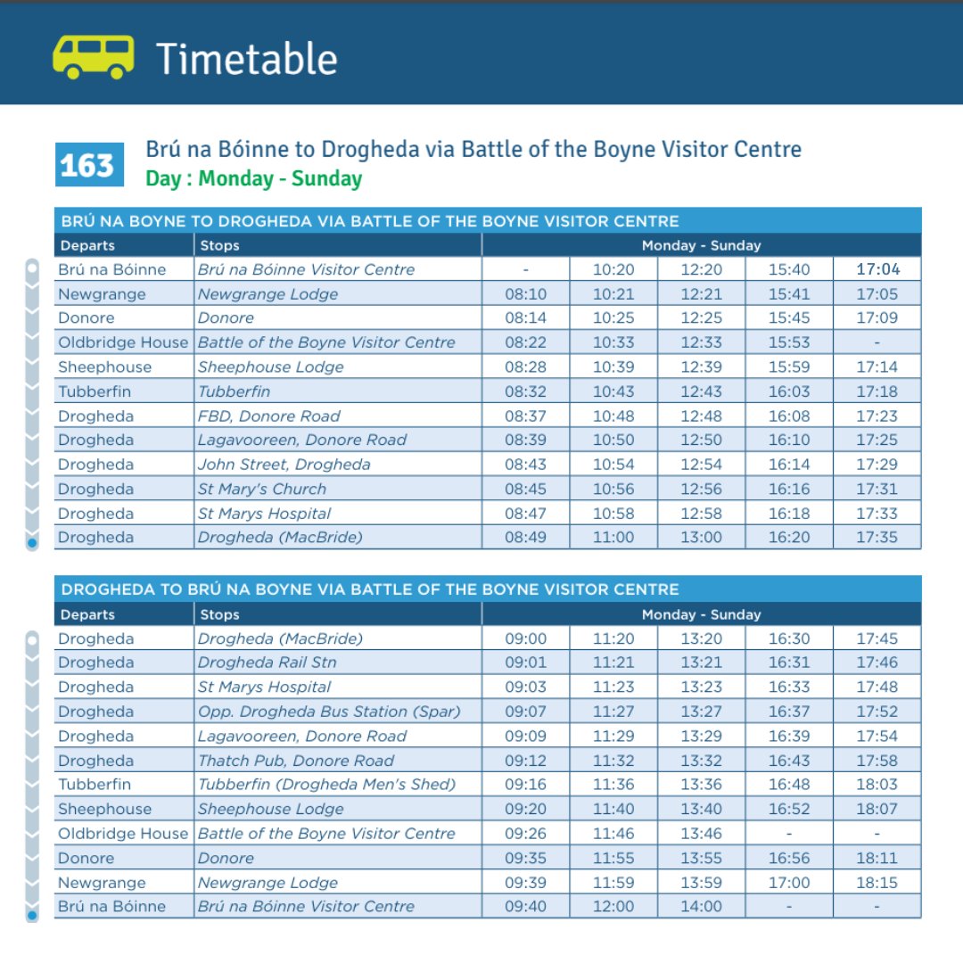 Locallinklmf's tweet photo. 🥳 Great News!

Route 163 will temporarily pick up at Brú na Bóinne at 17:04 until late September 2024, this in line with the Centre's current opening hours, giving visitors more time to explore!

@discoverboynev

#TFIUpdates #Summer2024 https://t.co/59XiV7wD6s