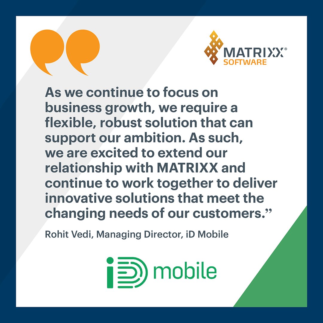 #TuesdayTestimonial
We're proud to be a long time partner of the fastest growing #MVNO in UK history. Our #digital #monetization supports @iD_Mobile_UK's innovative feature set — from bill capping, to data rollover and free roaming in 50 destinations.
matrixx.com/customers/id-m…