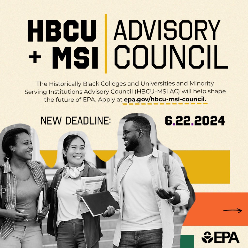 APPLICATION DEADLINE EXTENDED: Are you someone that works within the HCBU or MSI community? Well, we need you. @EPA cannot solve the biggest environmental issues without the input of those working and interacting with diverse populations. epa.gov/faca/historica…
