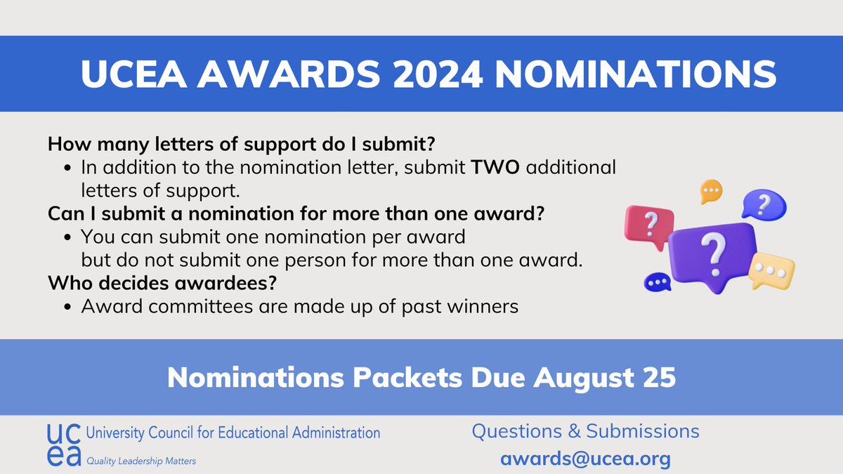 Got questions about #UCEA24 Awards nominations? 🤔 We've got answers! Check out our Award Nomination Check out our Award Nomination Page. - don't miss your chance to honor excellence in our UCEA community. 🏆👨‍🏫👩‍🏫 #LeadershipMatters @UCEAGSC @UCEAJSN @DrMoniByrne