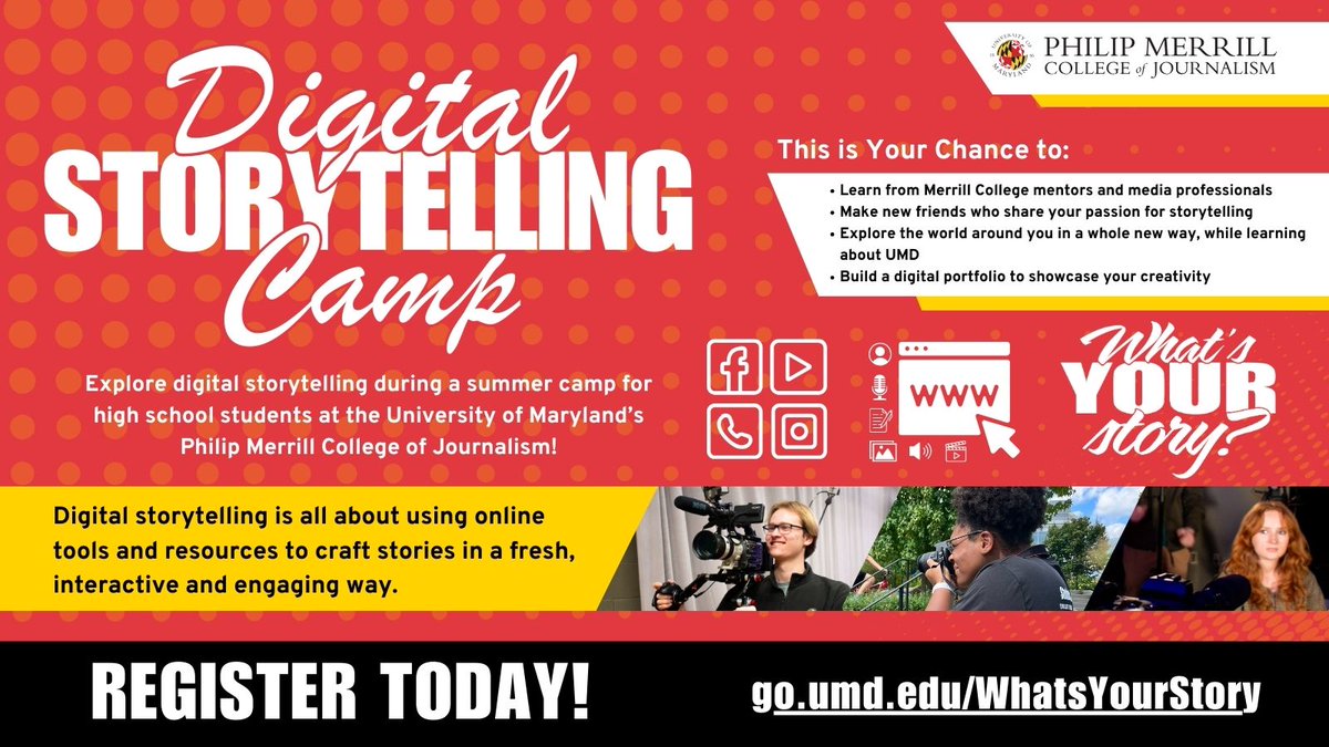 Calling aspiring journalists and storytellers! We're hosting our 1st annual Digital Storytelling Camp, offering Md. high schoolers an opportunity to develop their storytelling skills using cutting-edge digital tools and platforms. MORE INFO & REGISTER: merrill.umd.edu/articles/high-…