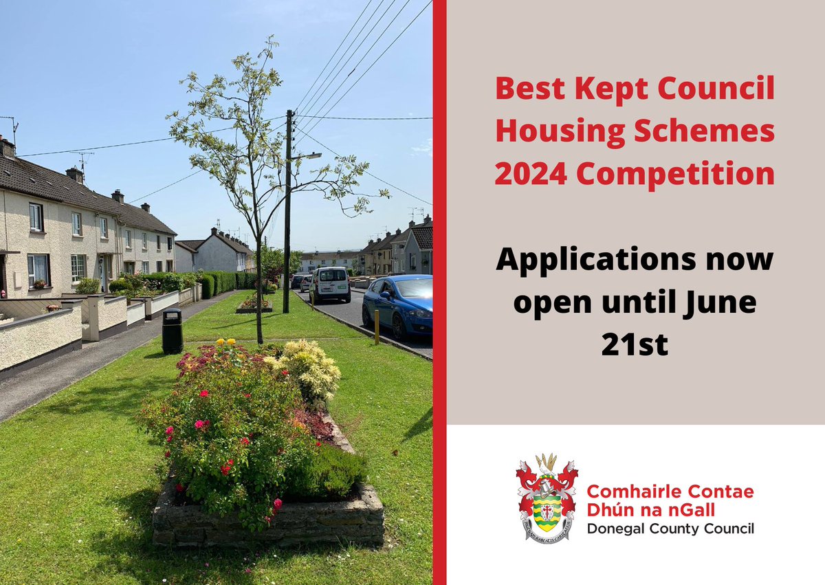 Donegal County Council's Best Kept Council Housing Scheme Competition is back for 2024. For full details and to register before June 21st visit ow.ly/OQEW50Rybv6 #Donegal #YourCouncil
