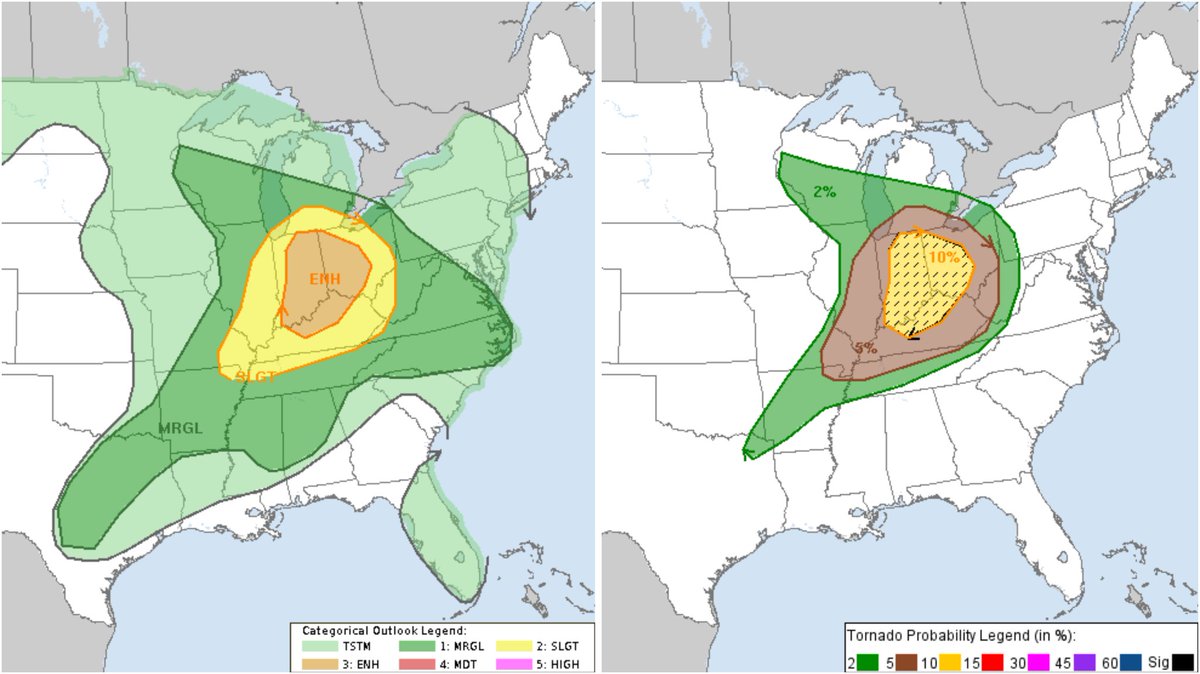 Updated SPC storm map for today Tuesday. Large Tornado Outlook hatched area to watch. mikesweatherpage.com